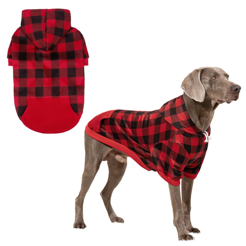 KOOLTAIL Plaid Dog Hoodie Pet Clothes Sweater with Hat and Pocket for Small Medium Large Size Dogs, Soft Winter Warm Dog Cold Weather Coat, Fleece Fall Dog Hooded Sweatshirt for Puppy Cats, Red XL - Image 1